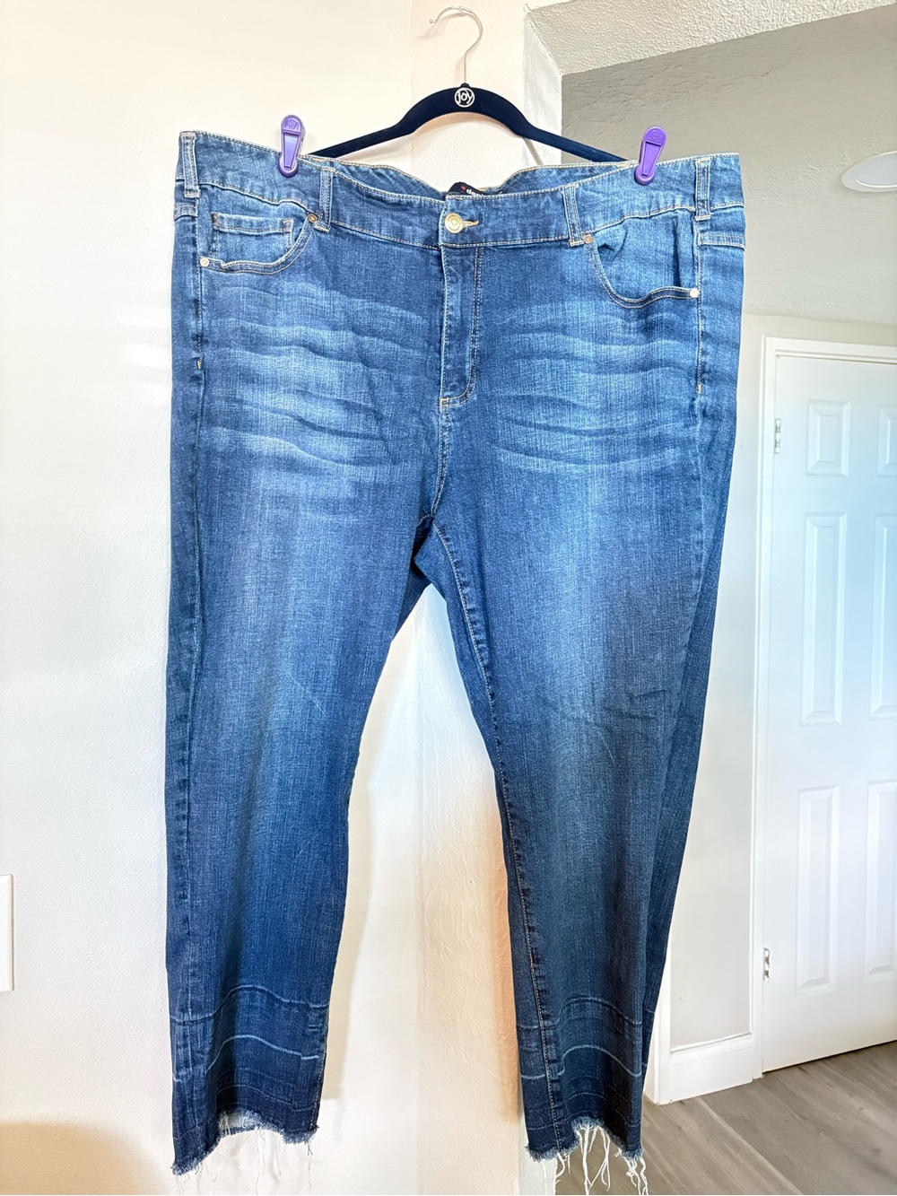 Denim 24/7 Medium Fray Hem Plus Size Blue Jeans with Yellow Topstitching